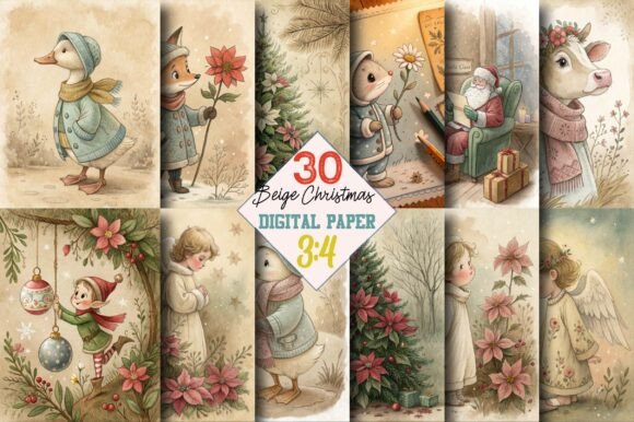 Beige Christmas Junk Journal Pages: A Pattern for Cozy Editorial Design
