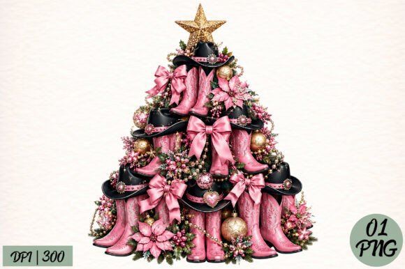 Coquette Cowgirl Christmas Tree PNG for T-Shirt Designs