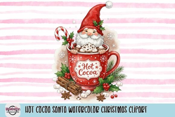Hot Cocoa Santa Watercolor Christmas Clipart for T-Shirt Designs