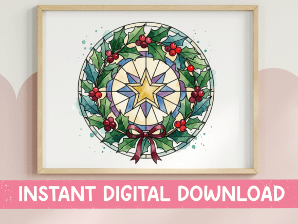 Stained Glass Christmas Holly Wreath: A Festive T-Shirt Design Asset for Content Creators