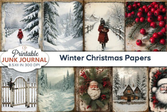 Winter Christmas Papers Junk Journal Backgrounds for Creative Campaigns